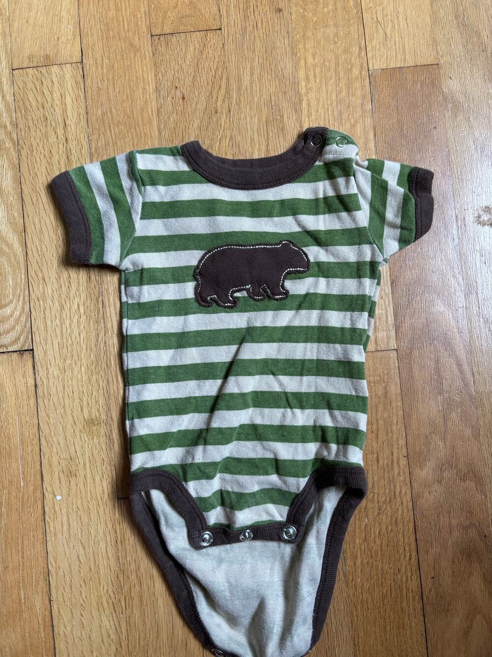 Lazy One baby onesie 6M olive green stripes bear print bodysuit